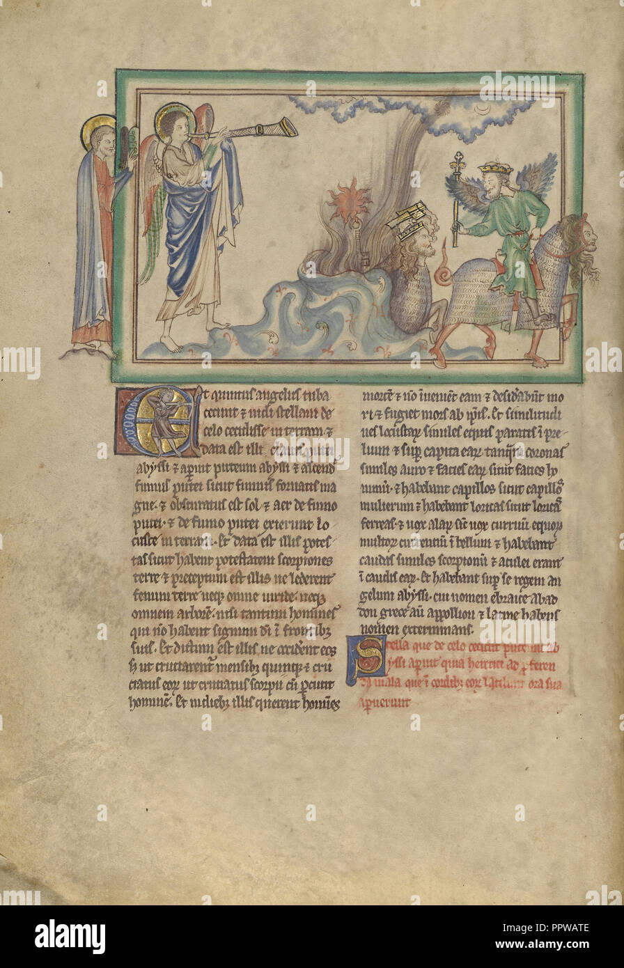 La quinta tromba: l'angelo della distruzione e le cavallette; Londra, probabilmente, Inghilterra; circa 1255 - 1260; tempere, oro Foto Stock