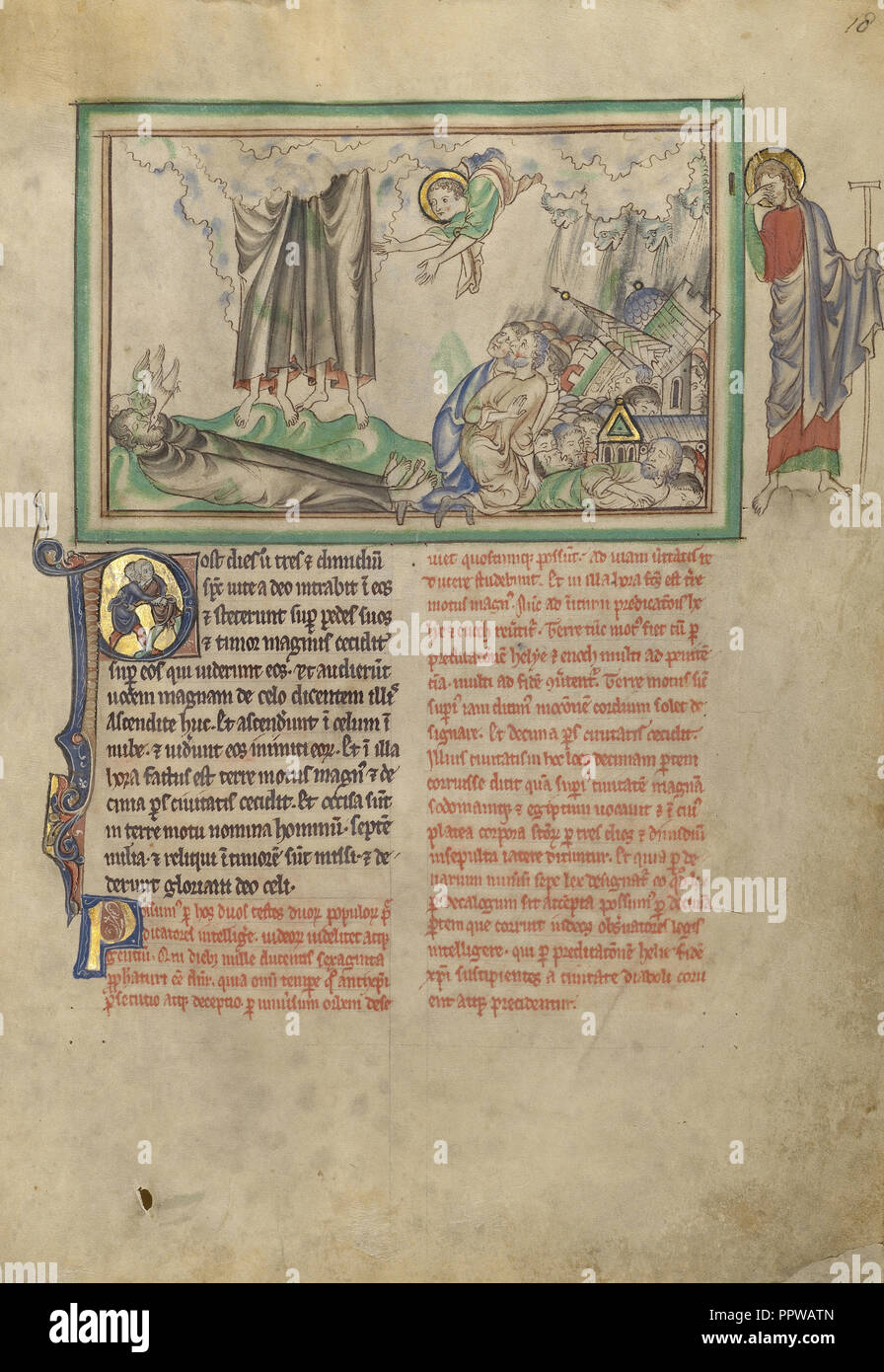 Il distacco dei due testimoni e la distruzione della città; Londra, probabilmente, Inghilterra; circa 1255 - 1260; colori a tempera Foto Stock