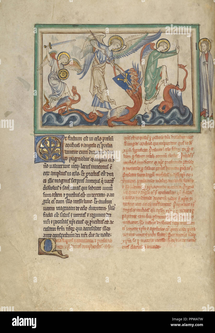 La battaglia tra l'Angelo e il drago; Londra, probabilmente, Inghilterra; circa 1255 - 1260; tempere, foglia oro, colorati Foto Stock