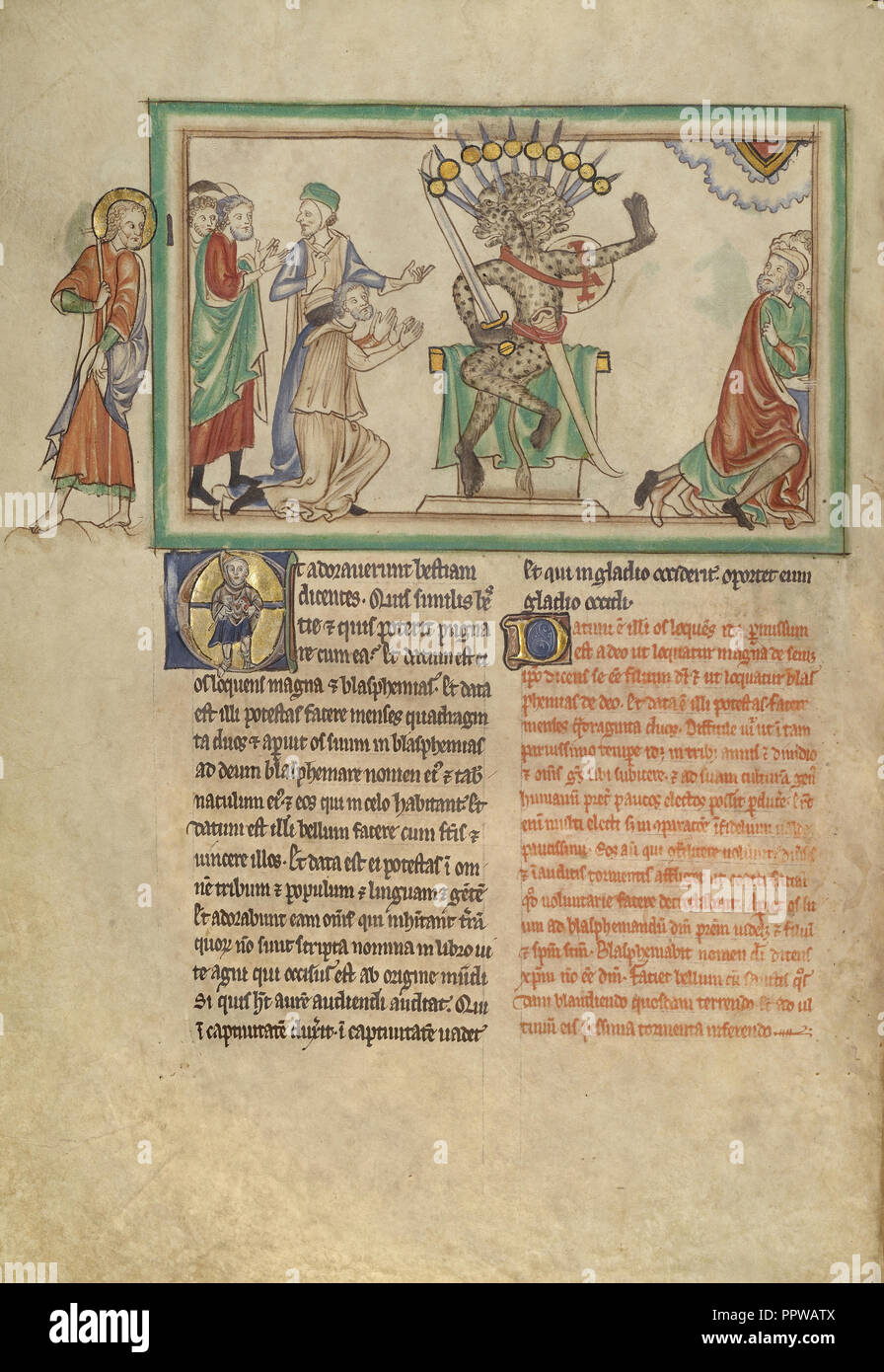 La bestia in trono; Londra, probabilmente, Inghilterra; circa 1255 - 1260; tempere, foglia oro, colorato di lavaggi, penna e inchiostro Foto Stock