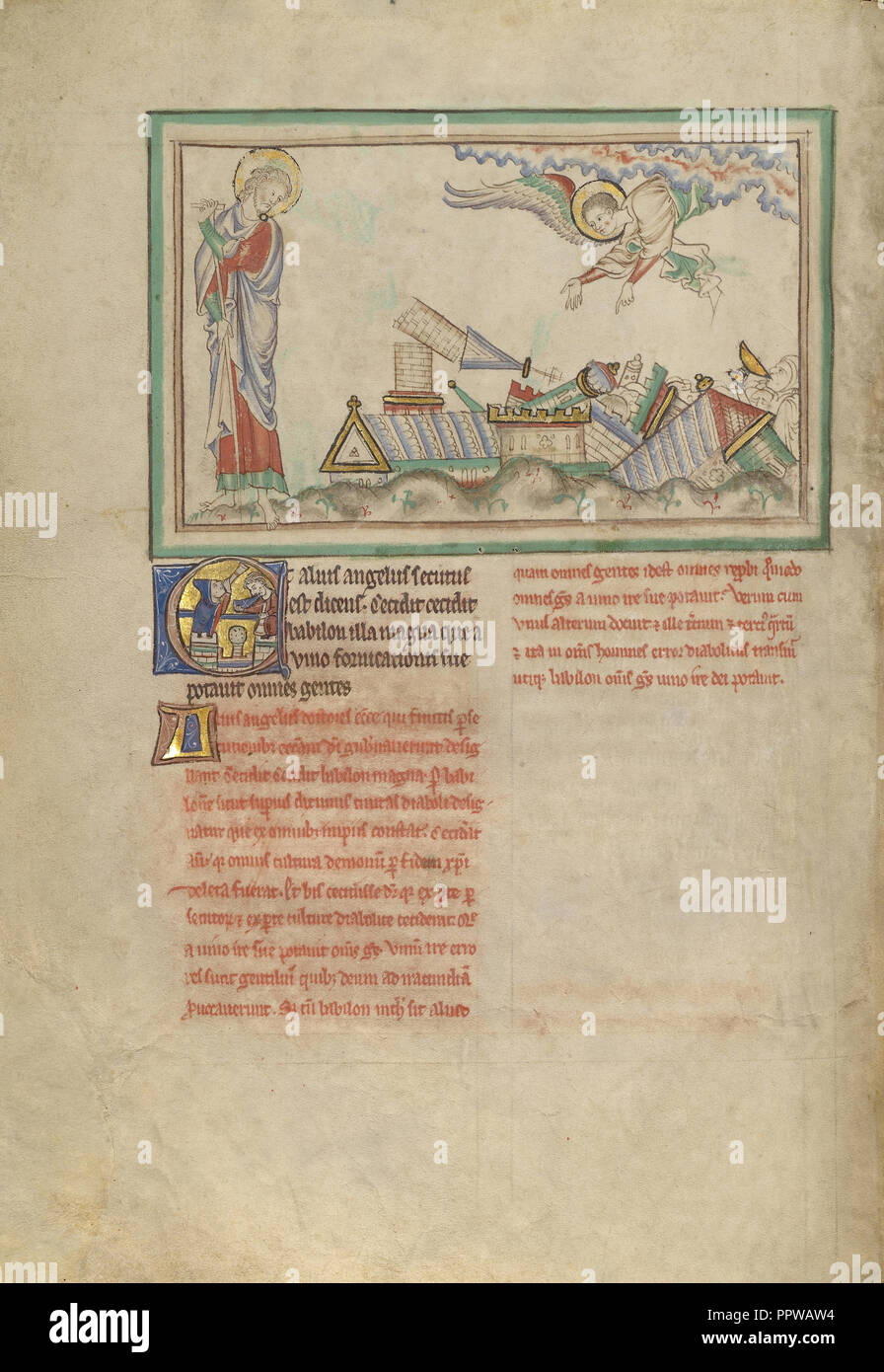 Il secondo angelo e Babilonia distrutta; Londra, probabilmente, Inghilterra; circa 1255 - 1260; tempere, foglia oro, lavaggi colorati Foto Stock