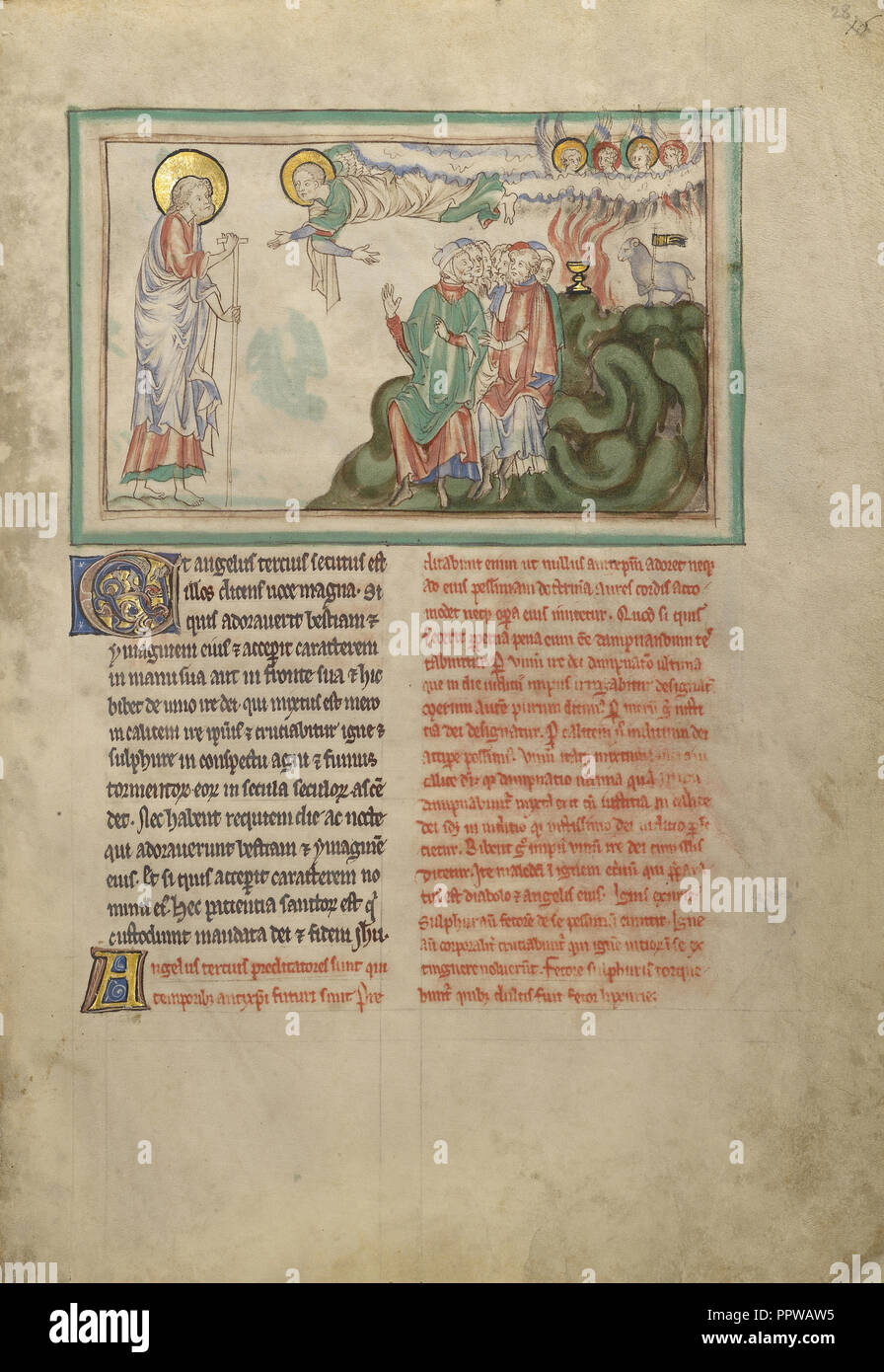 Il terzo angelo e il divieto di adorare la Bestia; Londra, probabilmente, Inghilterra; circa 1255 - 1260; tempere, foglia oro Foto Stock