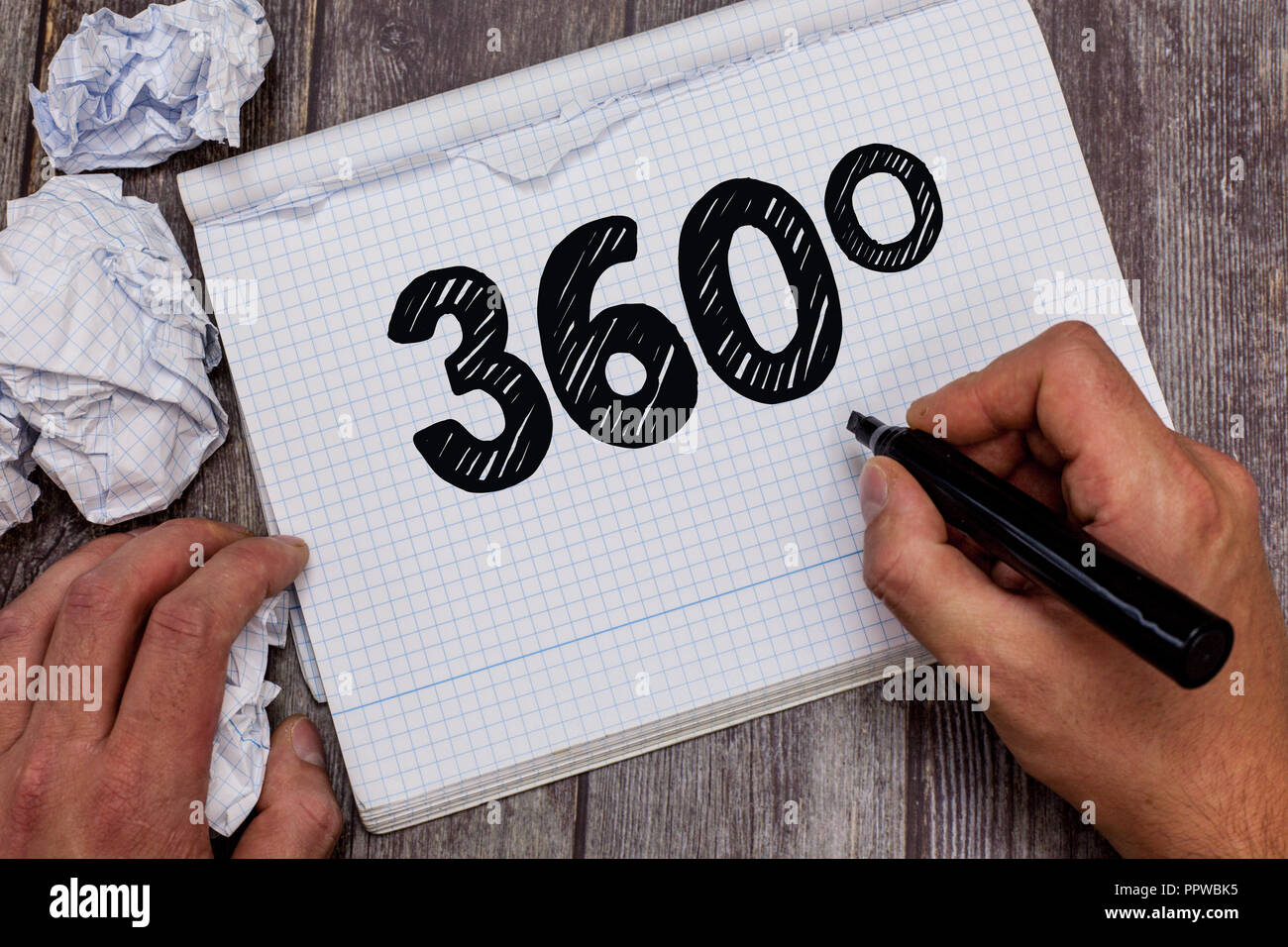 Testo della scrittura a mano 360. Concetto significato globale che incorpora tutti i punti di vista in grado di ruotare liberamente. Foto Stock