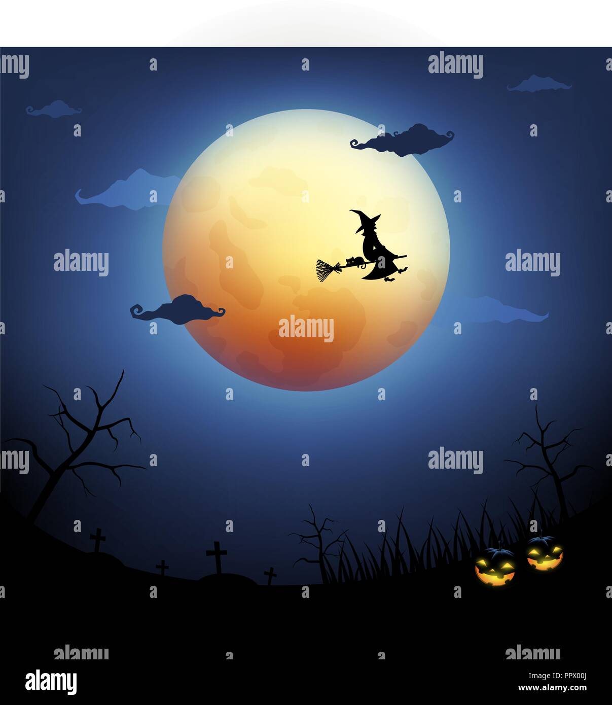 Grande luna nella notte di Halloween, nero strega e cat silhouette volare nel cielo blu scuro. Illustrazione Vettoriale per lo sfondo, sito web, card. Illustrazione Vettoriale