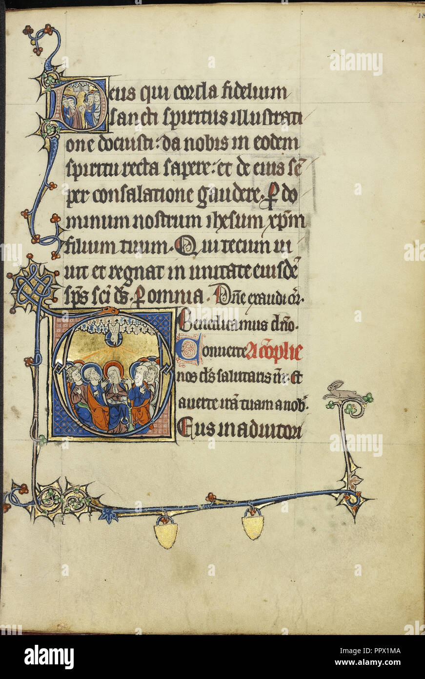 Iniziale D: L'Ascensione; Iniziale D: Pentecoste; Francia nord orientale, Francia; circa 1300; tempere, foglia oro e inchiostro Foto Stock