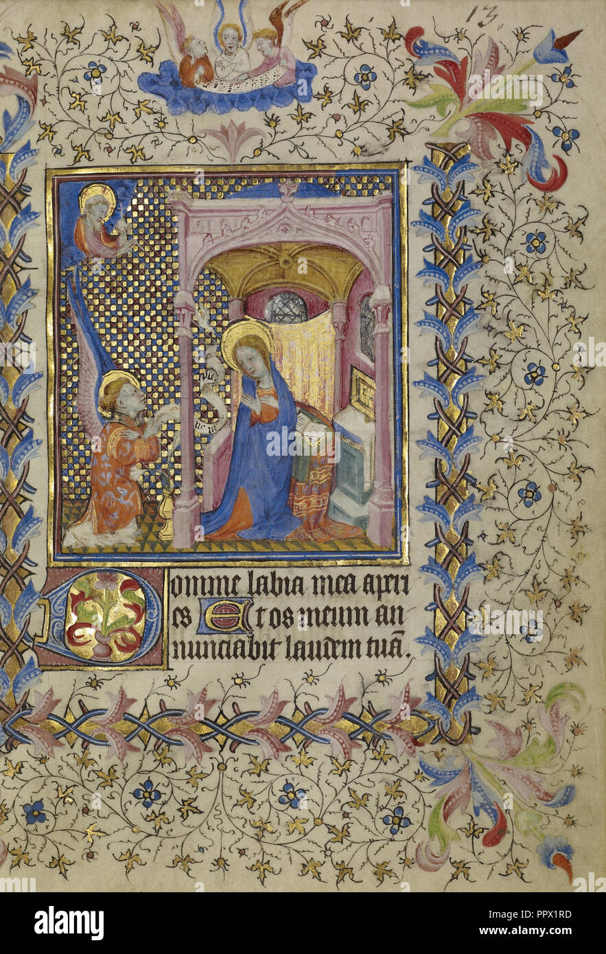 L'Annunciazione; Paris, Francia; circa 1400 - 1410; tempere, foglia oro, oro dipingere e inchiostro su pergamena; foglie Foto Stock