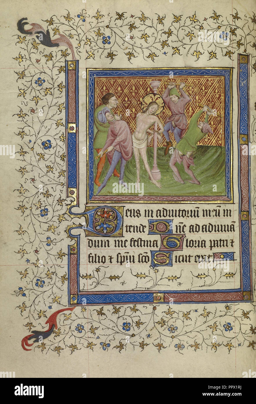 La Flagellazione; Paris, Francia; circa 1400 - 1410; tempere, foglia oro, oro dipingere e inchiostro su pergamena; foglie Foto Stock