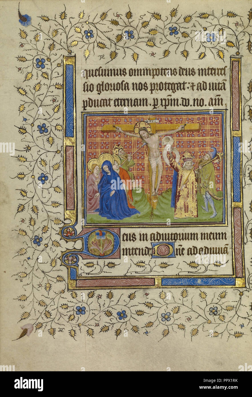 La crocifissione; Paris, Francia; circa 1400 - 1410; tempere, foglia oro, oro dipingere e inchiostro su pergamena; foglie Foto Stock