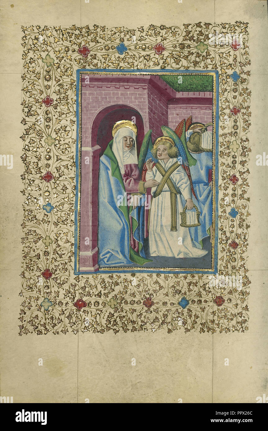 La Vergine nutrita da un angelo; Napoli, Campania, Italia; circa 1460; tempere, oro e inchiostro su pergamena; foglie Foto Stock