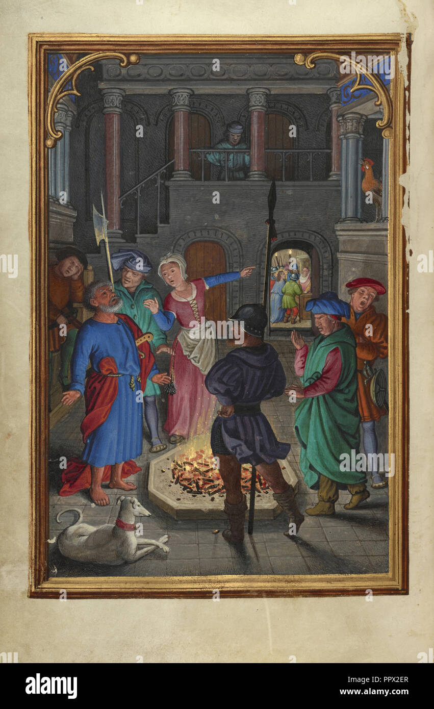 La negazione di San Pietro; Simon Bening, fiammingo, circa 1483 - 1561, Bruges, Belgio; circa 1525 - 1530; tempere, oro Foto Stock