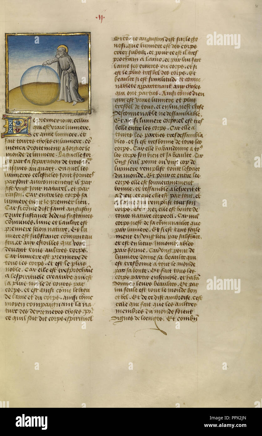 La creazione del cielo; Ghent, Belgio; circa 1475; tempere, foglia oro e oro dipingere su pergamena; foglie Foto Stock