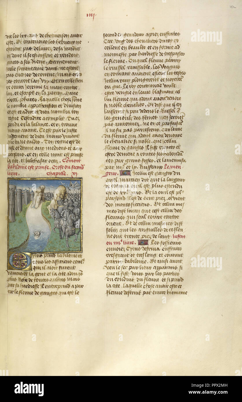 La conquista di Babilonia; Ghent, Belgio; circa 1475; tempere, foglia oro e oro dipingere su pergamena; foglie Foto Stock