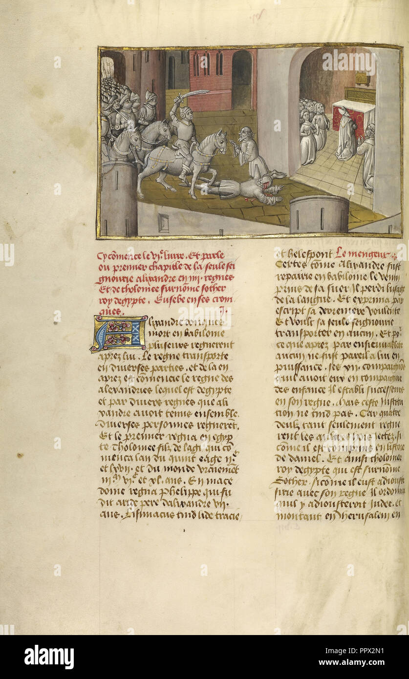 Re Ptolemaios Soter invade Gerusalemme; Ghent, Belgio; circa 1475; tempere, foglia oro e oro dipingere su pergamena Foto Stock