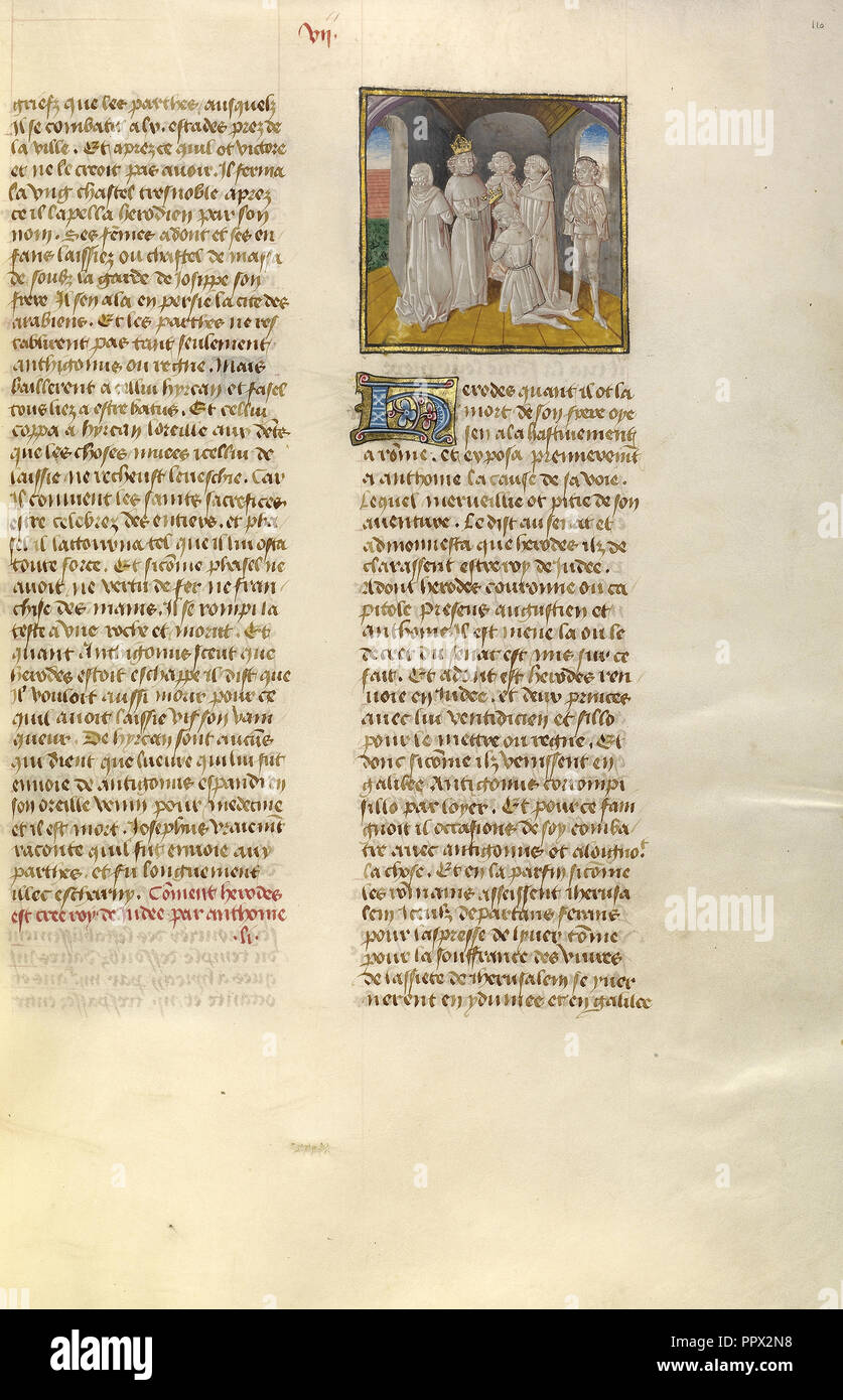 L incoronazione di Erode; Ghent, Belgio; circa 1475; tempere, foglia oro e oro dipingere su pergamena; foglie Foto Stock