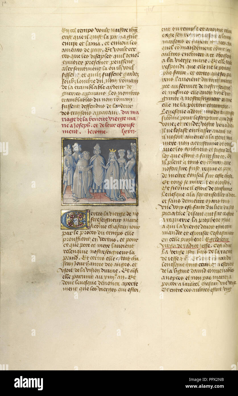 Il Matrimonio della Vergine; Ghent, Belgio; circa 1475; tempere, foglia oro e oro dipingere su pergamena; foglie Foto Stock