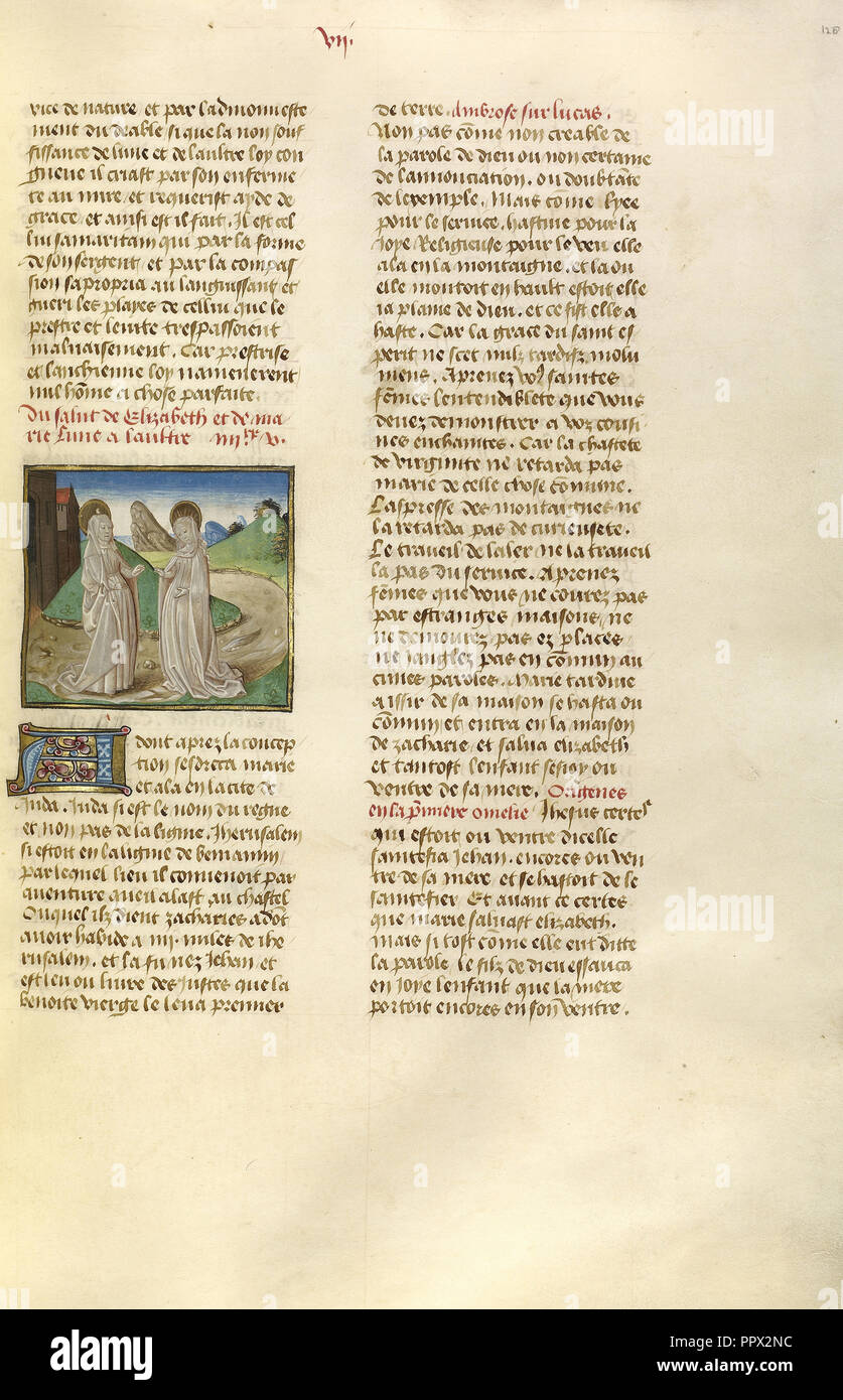 La Visitazione; Ghent, Belgio; circa 1475; tempere, foglia oro e oro dipingere su pergamena; foglie: 43,8 x 30,5 cm Foto Stock