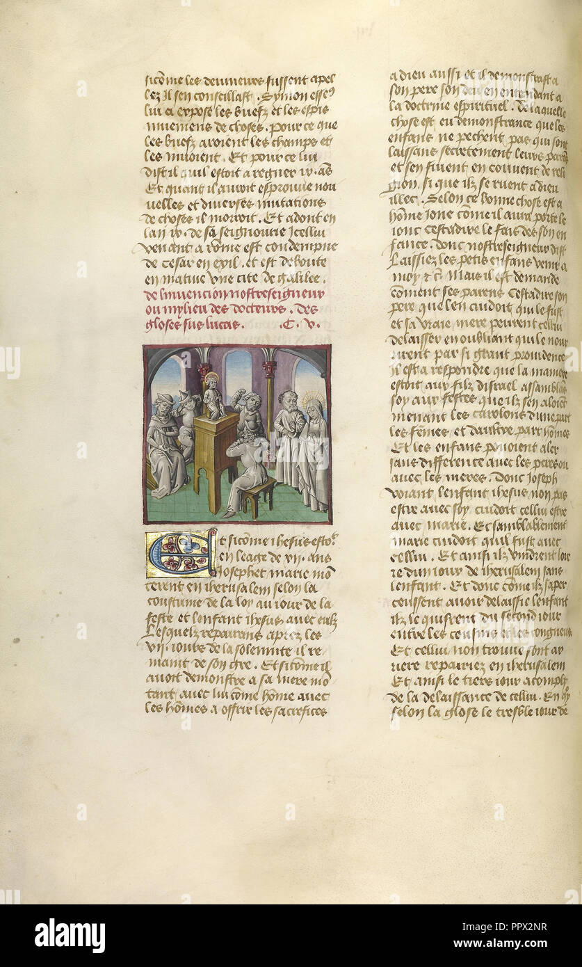 Gesù fra i dottori; Ghent, Belgio; circa 1475; tempere, foglia oro e oro dipingere su pergamena; foglie Foto Stock