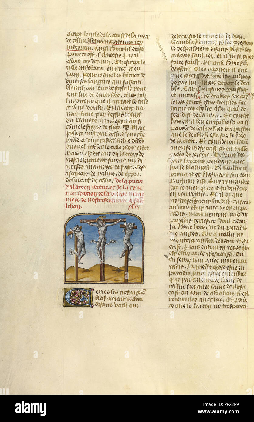 La crocifissione; Ghent, Belgio; circa 1475; tempere, foglia oro e oro dipingere su pergamena; foglie: 43,8 x 30,5 cm Foto Stock