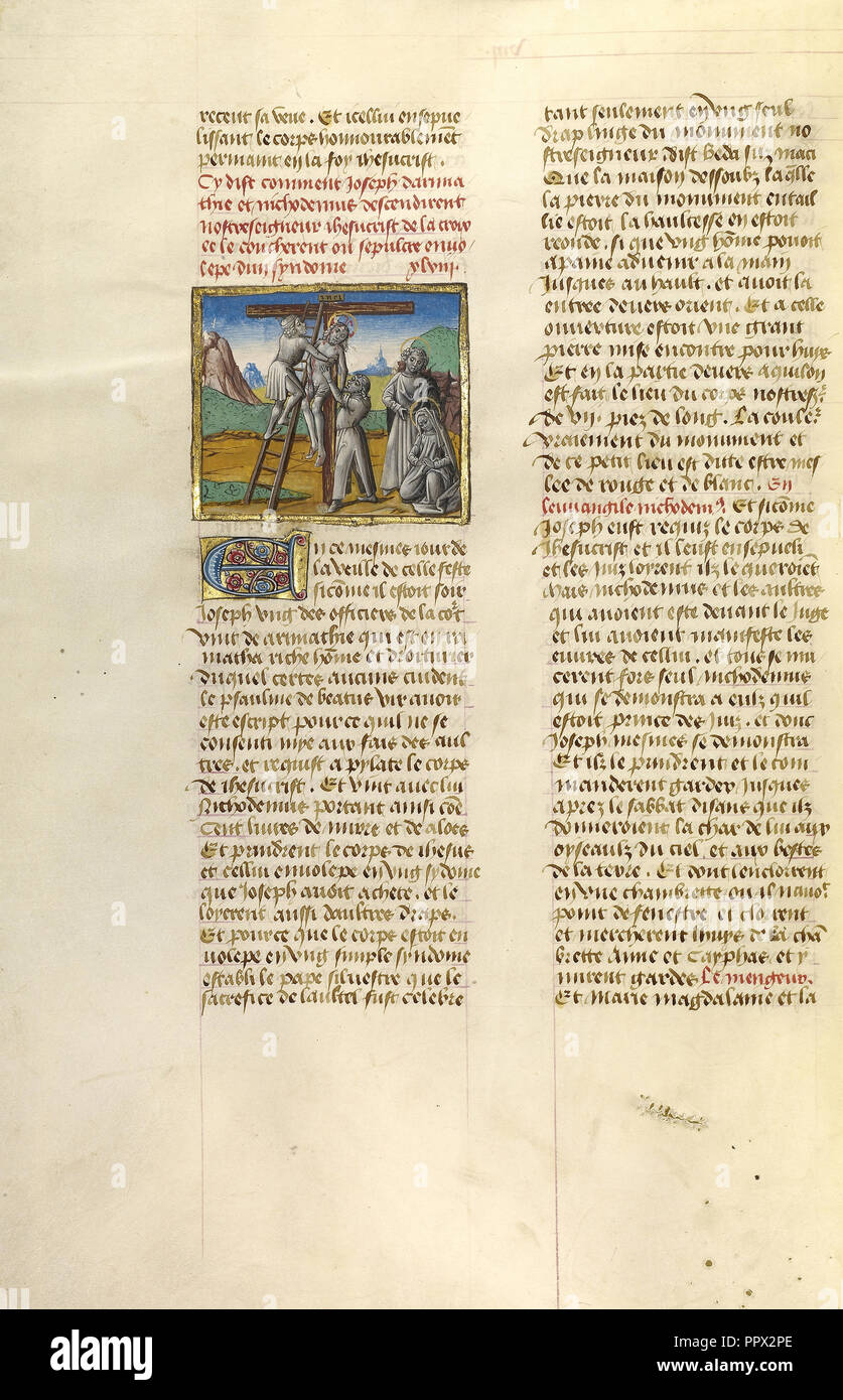 La deposizione; Ghent, Belgio; circa 1475; tempere, foglia oro e oro dipingere su pergamena; foglie: 43,8 x 30,5 cm Foto Stock