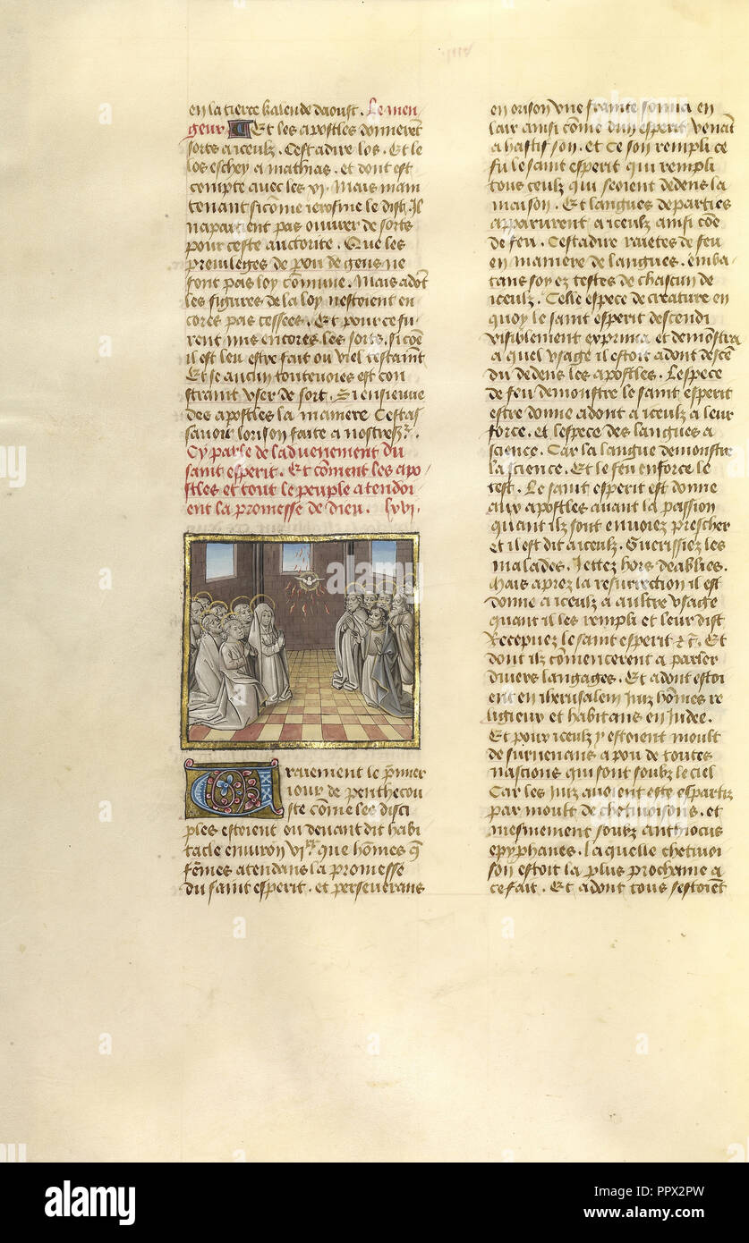 La Pentecoste; Ghent, Belgio; circa 1475; tempere, foglia oro e oro dipingere su pergamena; foglie: 43,8 x 30,5 cm Foto Stock