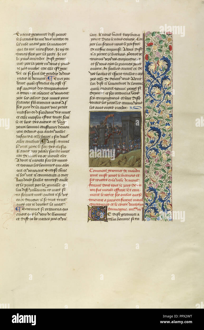 Perrot le Biernois invadendo Montferrant; Bruges, Belgio; circa 1480 - 1483; tempere, foglia oro, oro vernice, e l'inchiostro Foto Stock