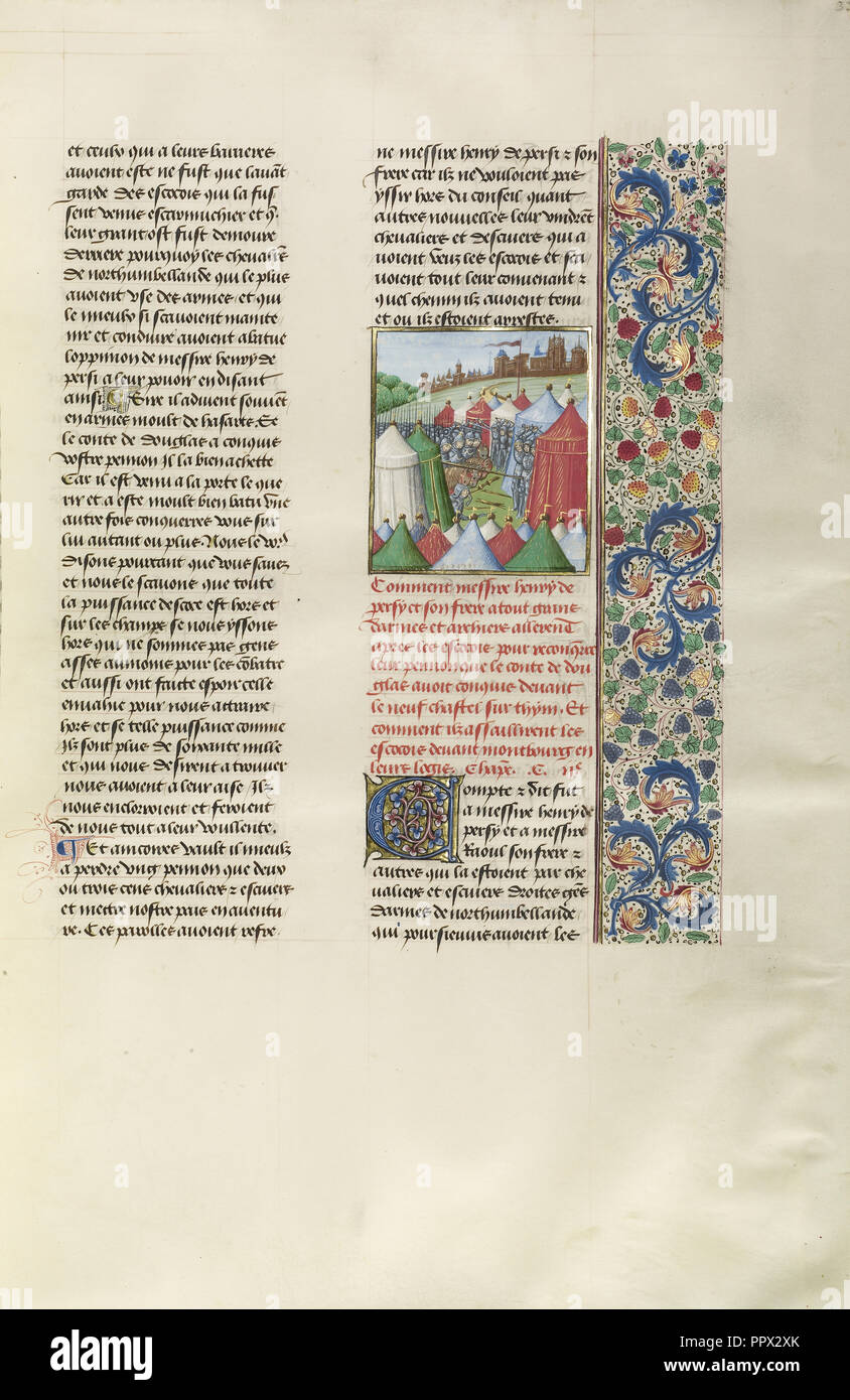 Henry Percy e i suoi fratelli riuniti le truppe di Douglas a Newcastle; Bruges, Belgio; circa 1480 - 1483; colori a tempera Foto Stock