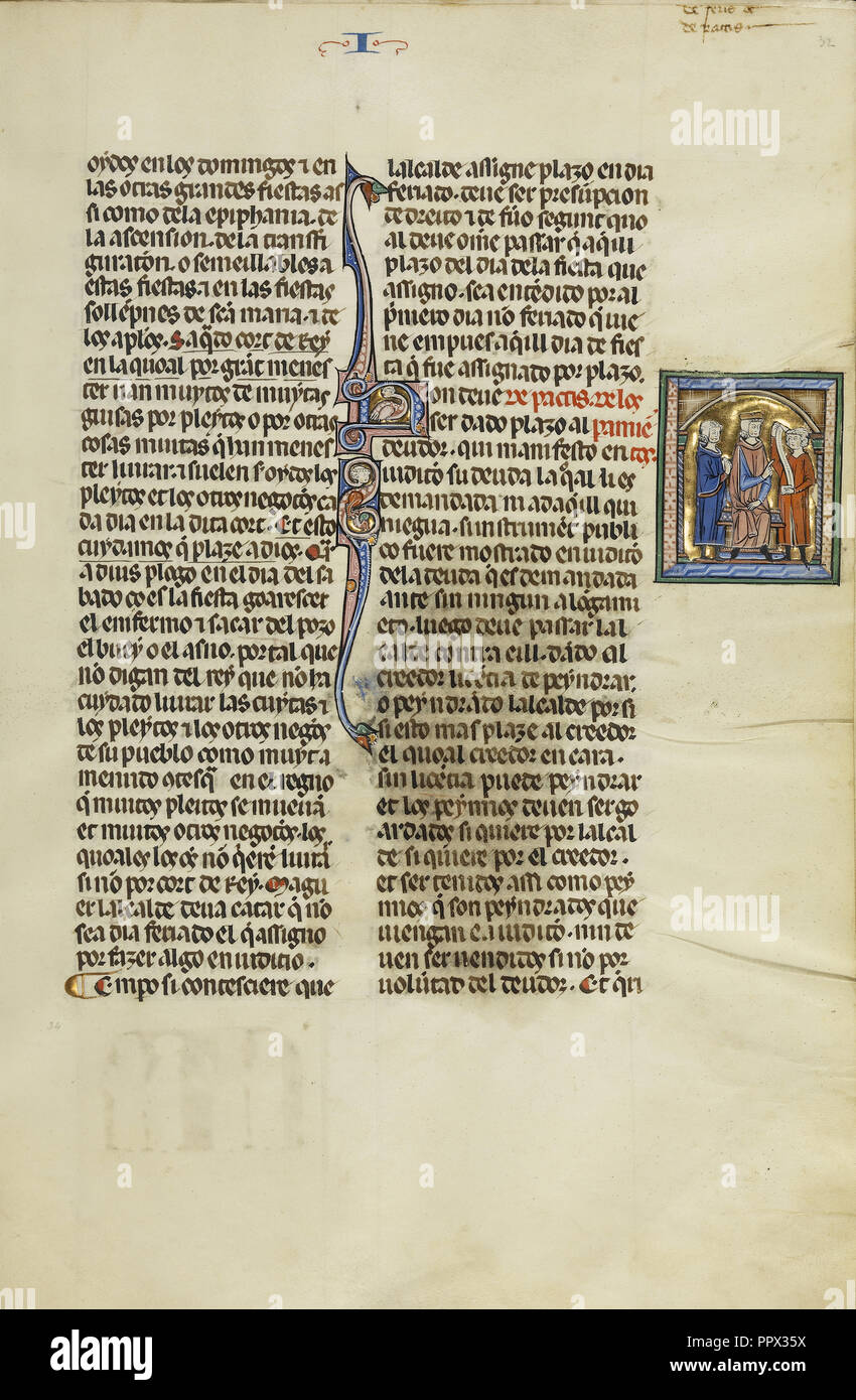 N iniziale: di un giudice e di un avvocato con un terzo uomo; sconosciuto, Michael Lupi de Çandiu, Spagnolo, attivo Pamplona, Spagna 1297 Foto Stock