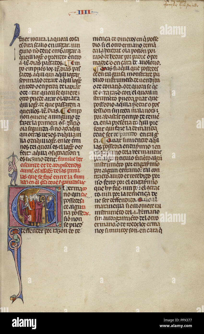 E iniziale: due uomini davanti a un giudice e un terzo uomo a bussare a una porta sconosciuta, Michael Lupi de Çandiu, Spagnolo, attivo Pamplona Foto Stock