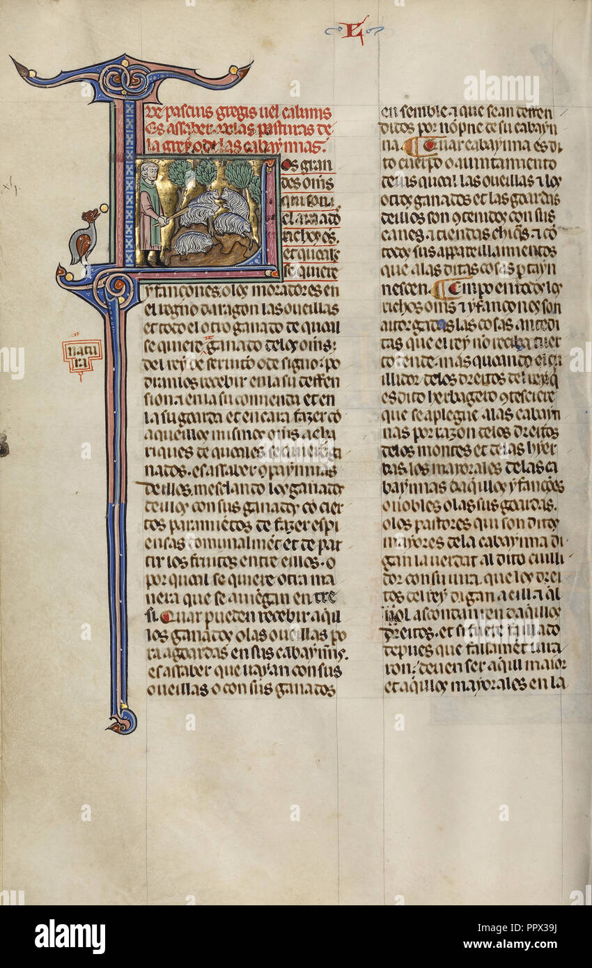 L iniziale: un pastore con un gregge; sconosciuto, Michael Lupi de Çandiu, Spagnolo, attivo Pamplona, Spagna 1297 - 1305, al nord-est Foto Stock