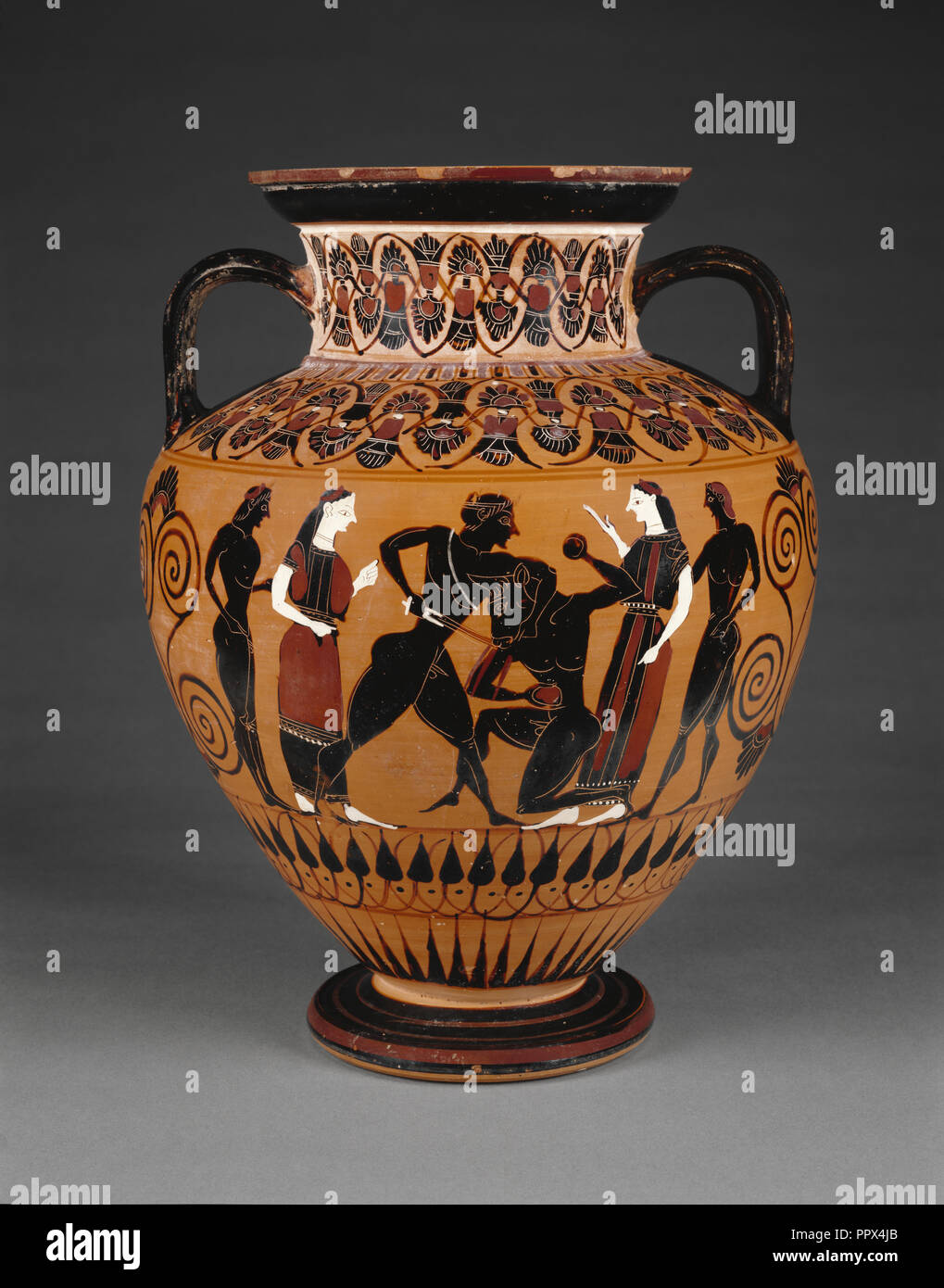 Vaso di storage; attribuita al Gruppo E, officina di Exekias, greco, soffitta, attivo 560 - 540 A.C., Atene, Grecia; circa 550 A.C. Foto Stock