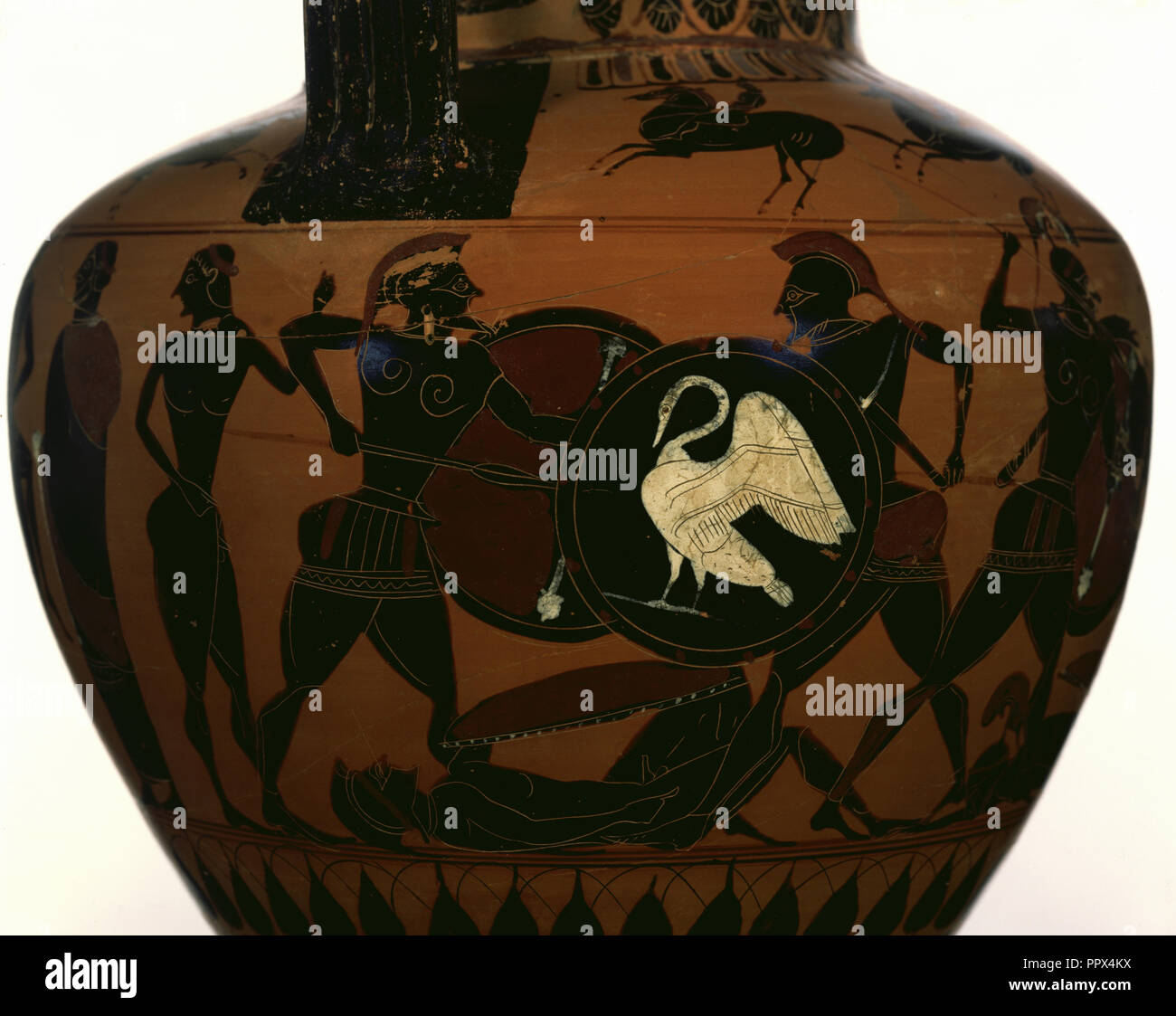 Vaso di storage con una scena di battaglia; attribuita al Gruppo E, officina di Exekias, greco, soffitta, attivo 560 - 540 A.C., vicino il Foto Stock