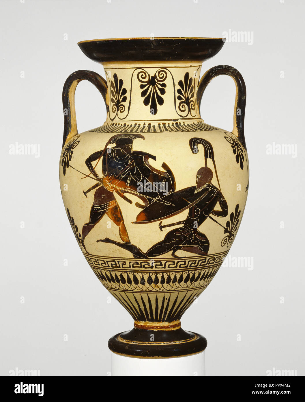 Vaso di storage con due guerrieri; sconosciuto, collegato con la classe del Cabinet des Médailles 218, greco, Atene, Grecia; circa 500 Foto Stock