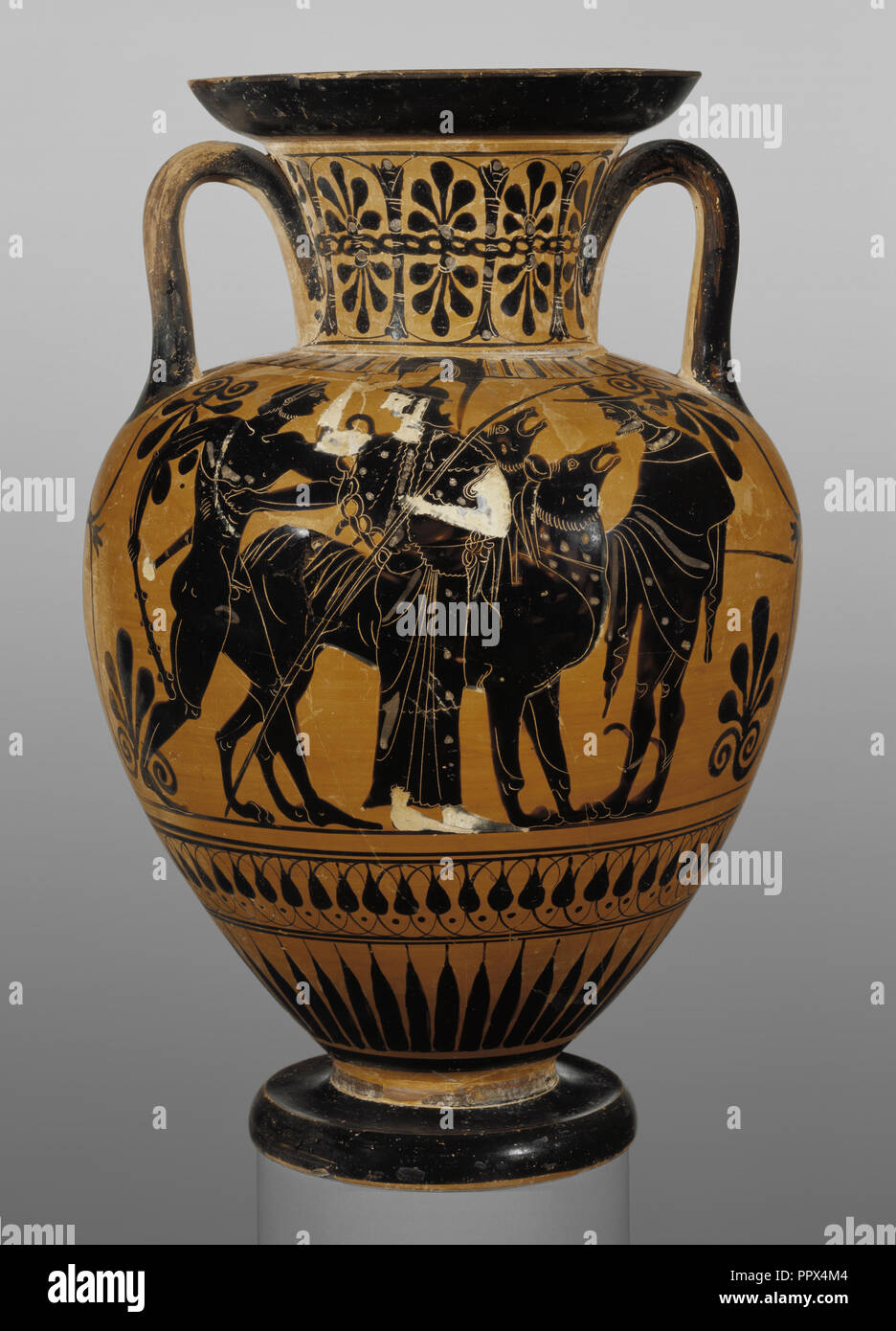 Storage Jar con Dionysos e Arianna; attribuita al Gruppo di Leagros, greco, soffitta, attivo 525 - 500 A.C., Atene, Grecia Foto Stock