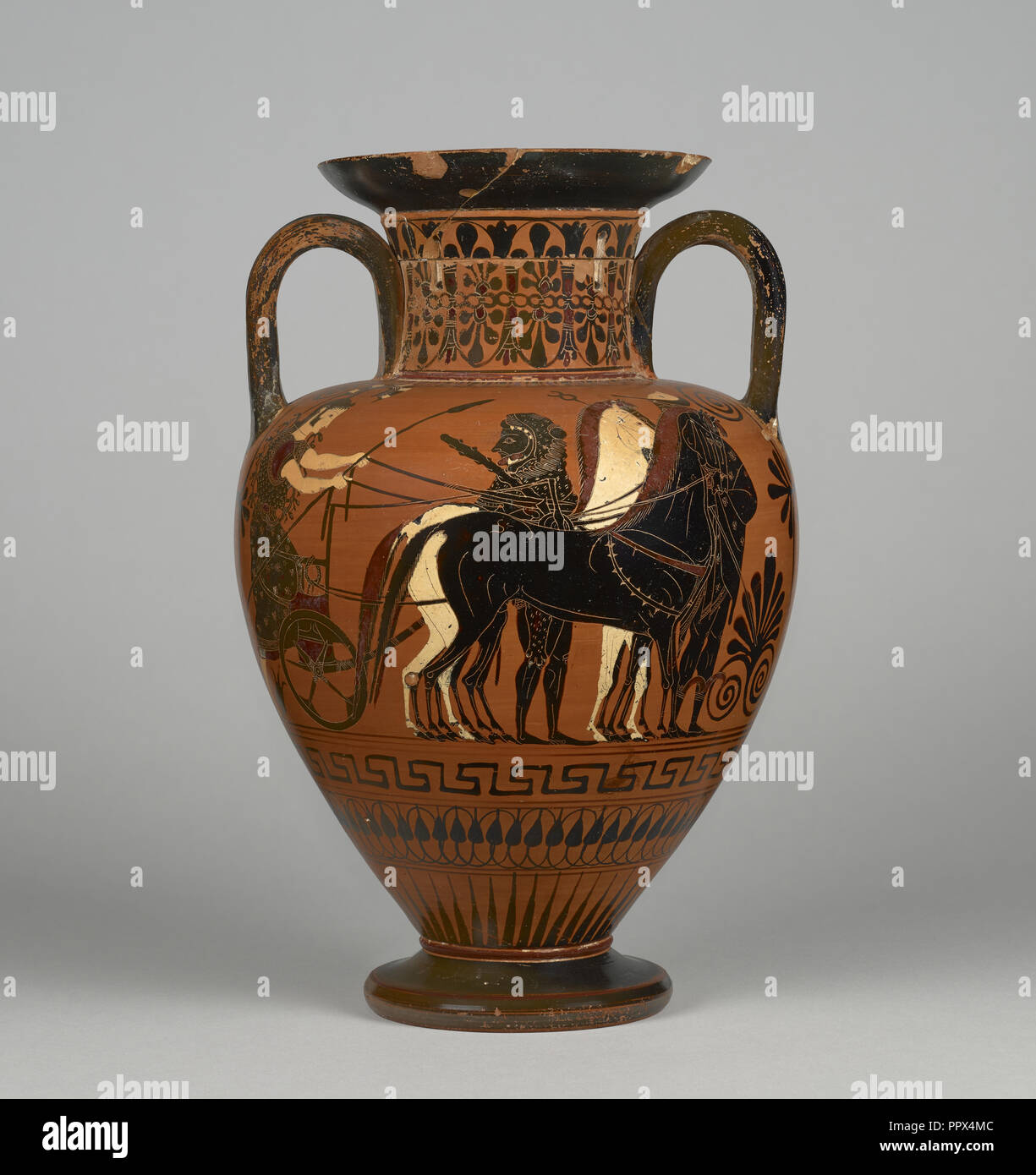 Storage Jar con Cavalleggeri; attribuita al Pittore Bareiss, gruppo di Medea, greco, soffitta, attivo tardo VI secolo A.C. Atene Foto Stock