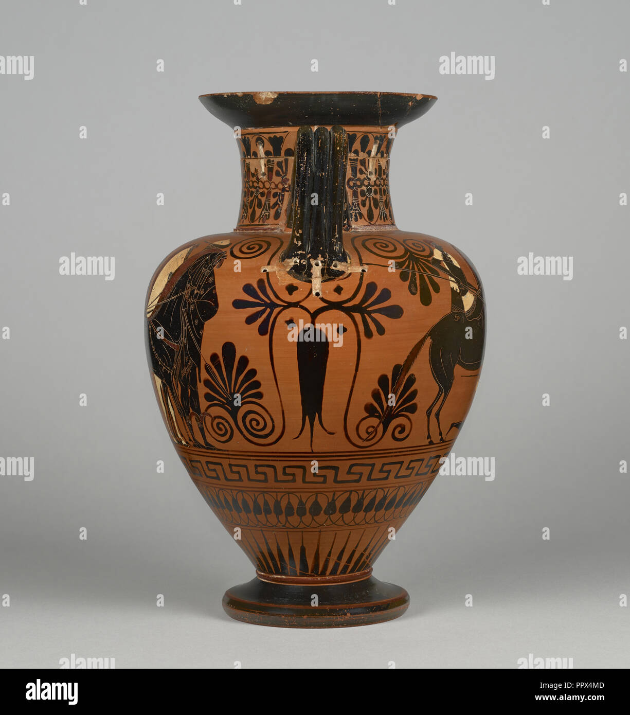 Storage Jar con Cavalleggeri; attribuita al Pittore Bareiss, gruppo di Medea, greco, soffitta, attivo tardo VI secolo A.C. Atene Foto Stock