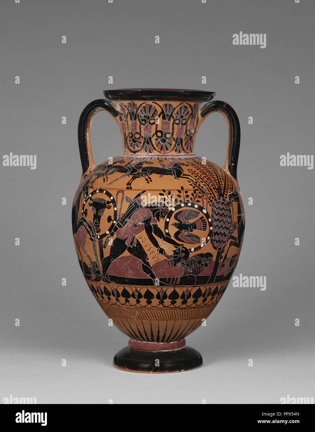 Storage Jar con Diomede e Ulisse; attribuita al Pittore di iscrizione, greco, attivo 570 - 530 A.C., Regione, Sud Foto Stock