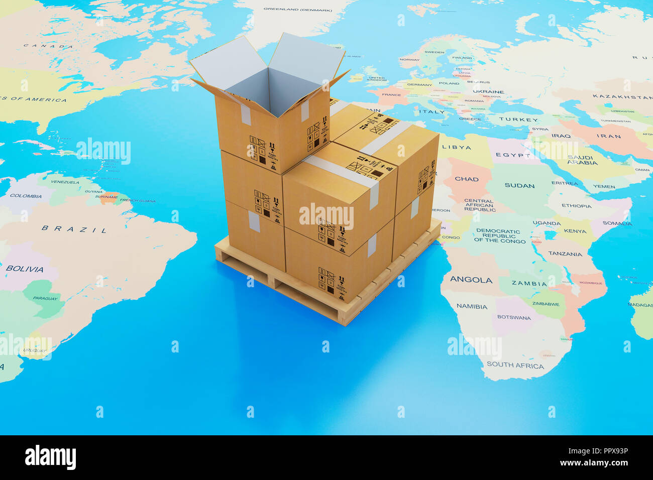 3d di scatole di cartone e la mappa del mondo, Global Delivery concetto di spedizione Foto Stock