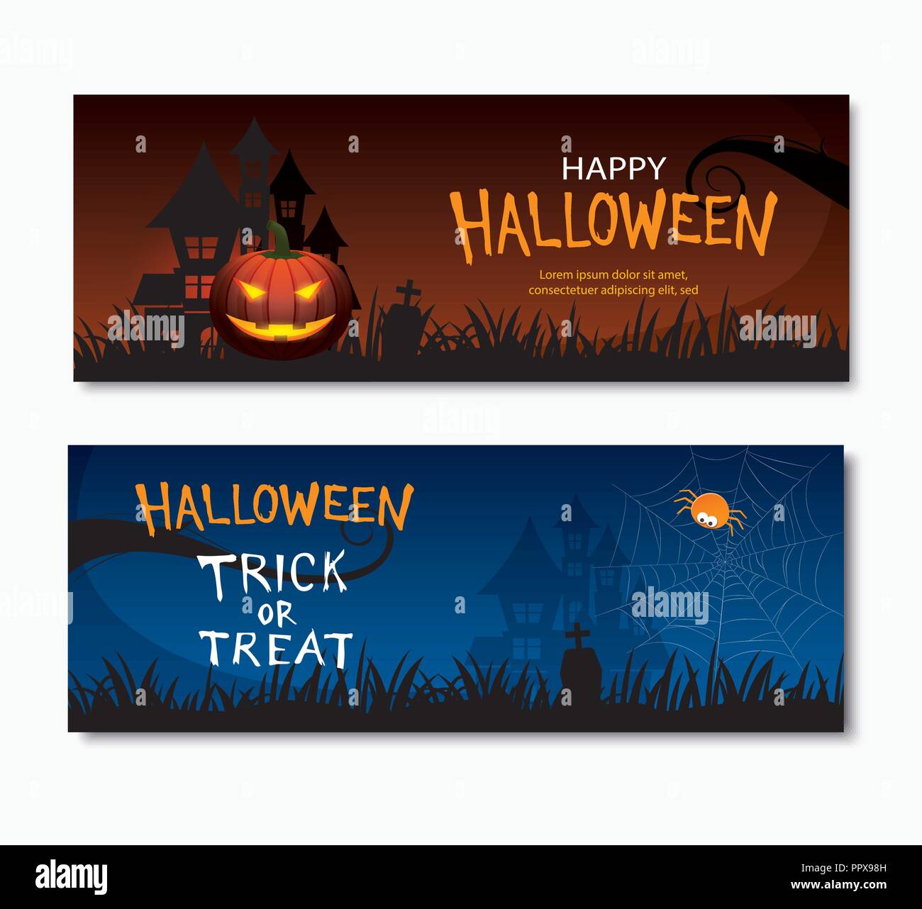 Felice Festa di halloween inviti banner. Illustrazione Vettoriale dolcetto o scherzetto. Illustrazione Vettoriale