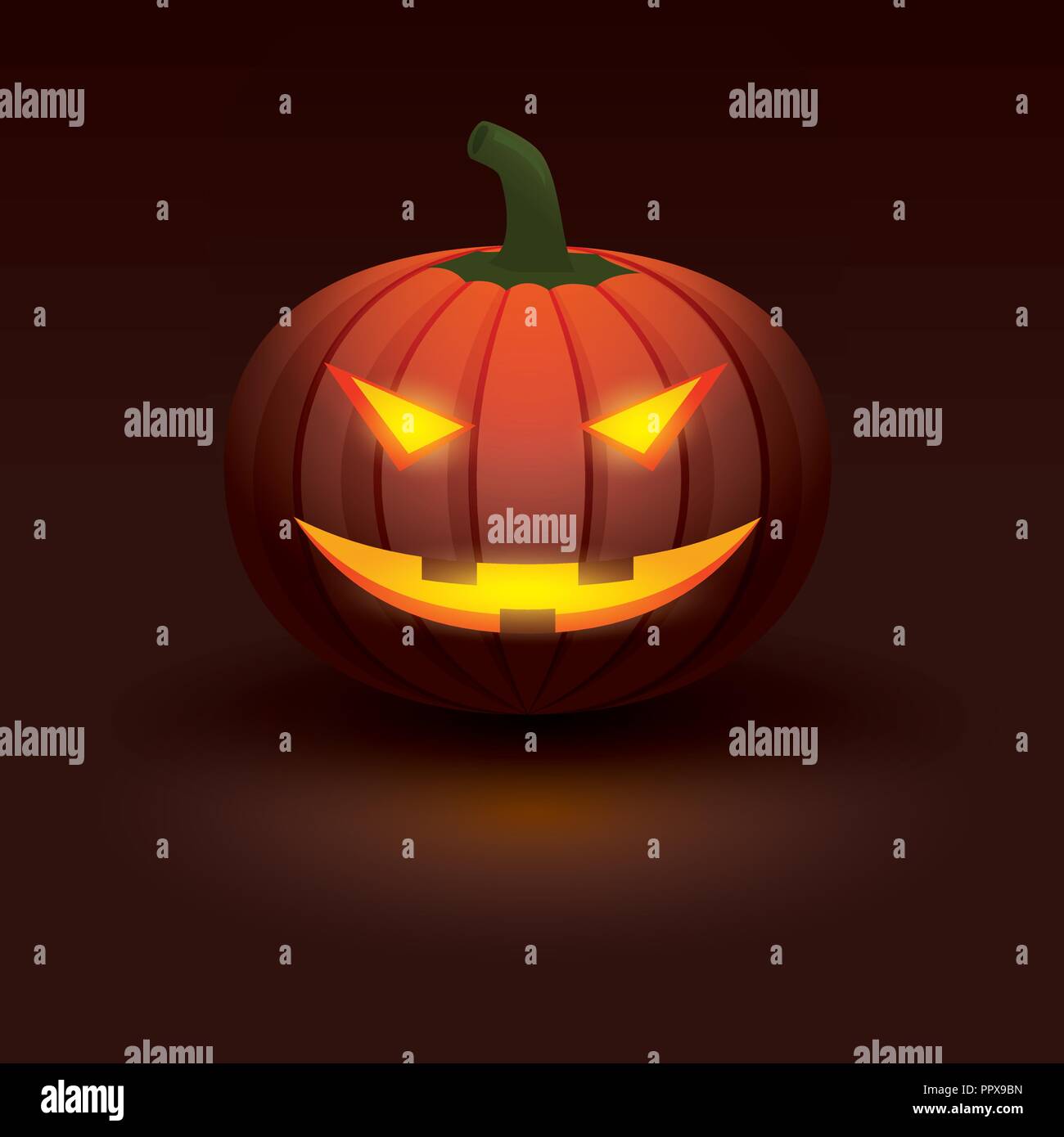 Zucca di Halloween con luce incandescente in faccia sorridente su sfondo scuro. Illustrazione Vettoriale