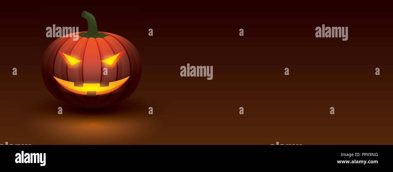 Zucca di Halloween con luce incandescente in faccia sorridente su sfondo scuro. Utilizzare per coprire, banner pubblicitari. Illustrazione Vettoriale
