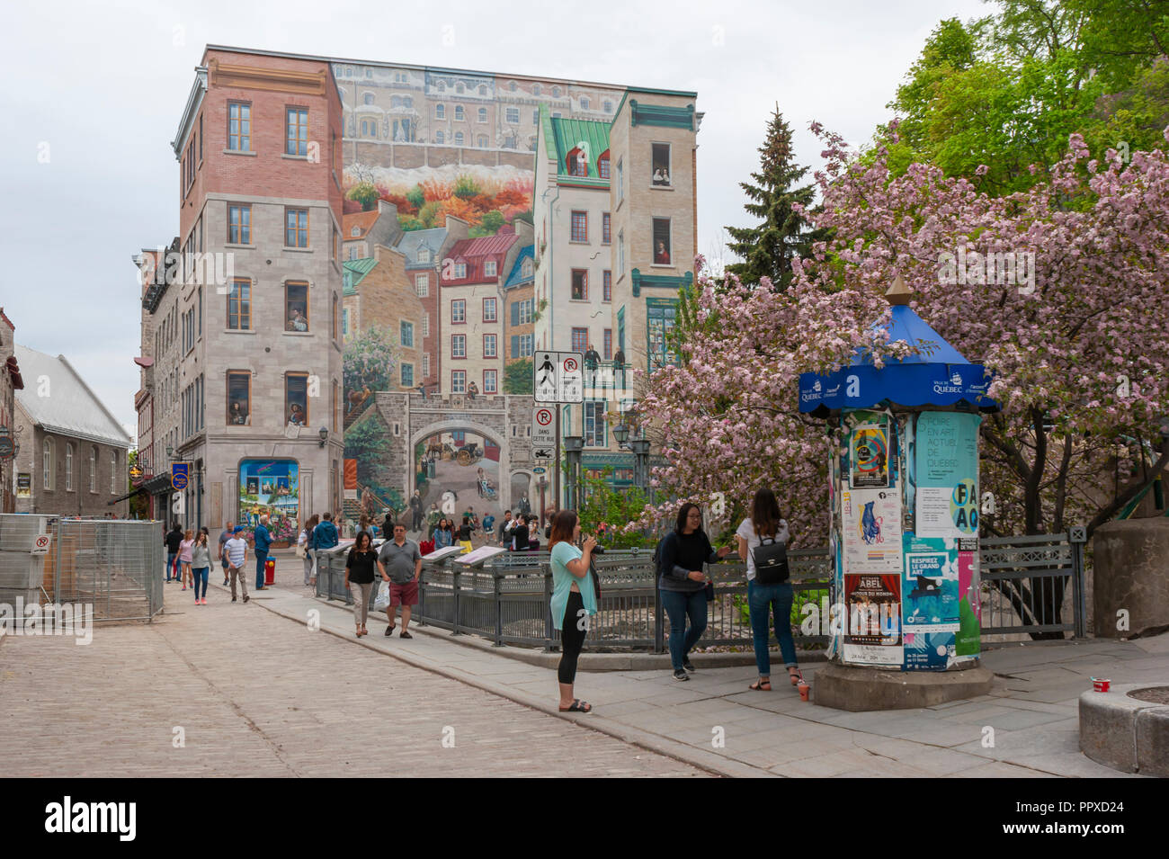 Le ragazze vicino a una colonna di Morris, la cattura di uno snapshot con una massiccia trompe-l'oeil murale dipinto sul lato di un edificio (La Fresque des Québécois). Foto Stock