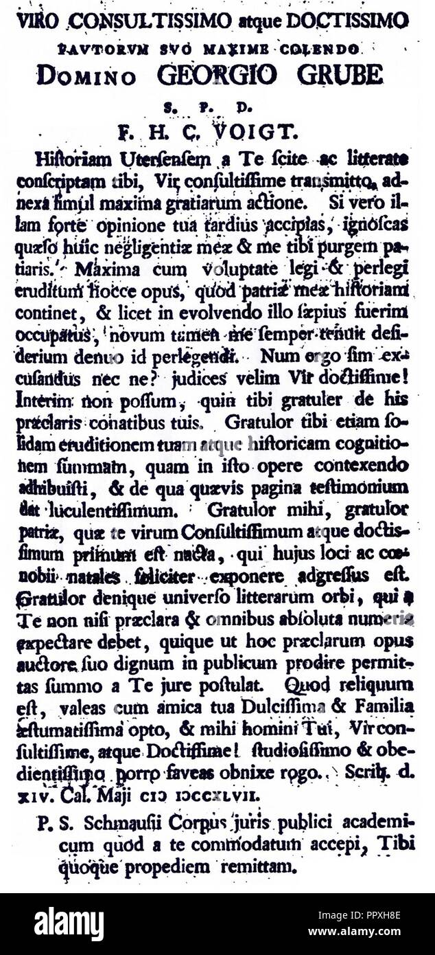 Breve von Friedrich Heinrich Voigt un Jürgen (Georg) Grube (Lateinisch). Foto Stock