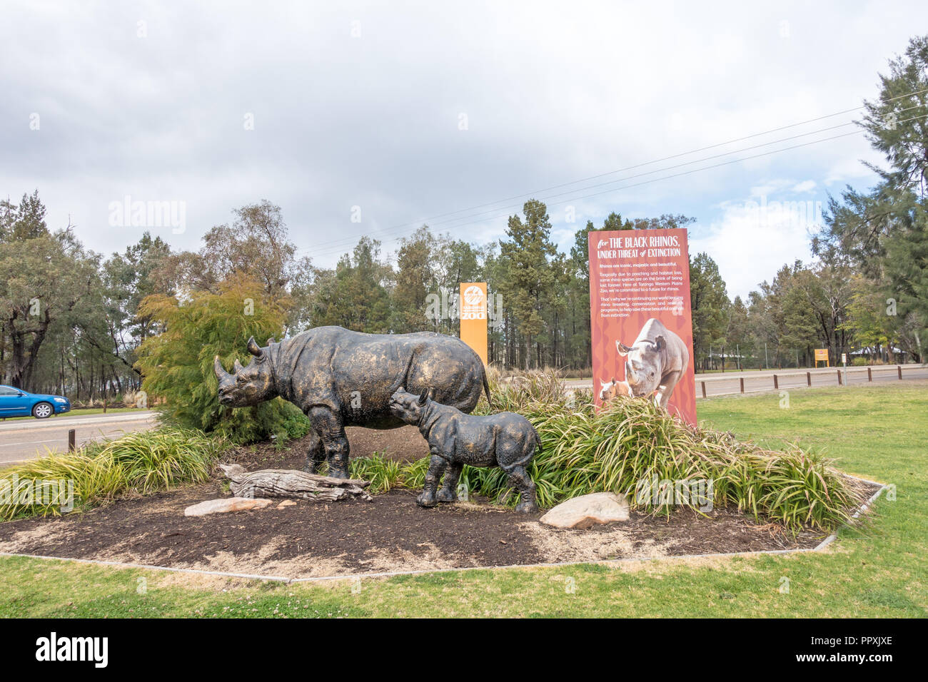 Statua di un rinoceronte e baby in ingresso al Taronga Western Plains Zoo, Dubbo NSW Australia. Foto Stock
