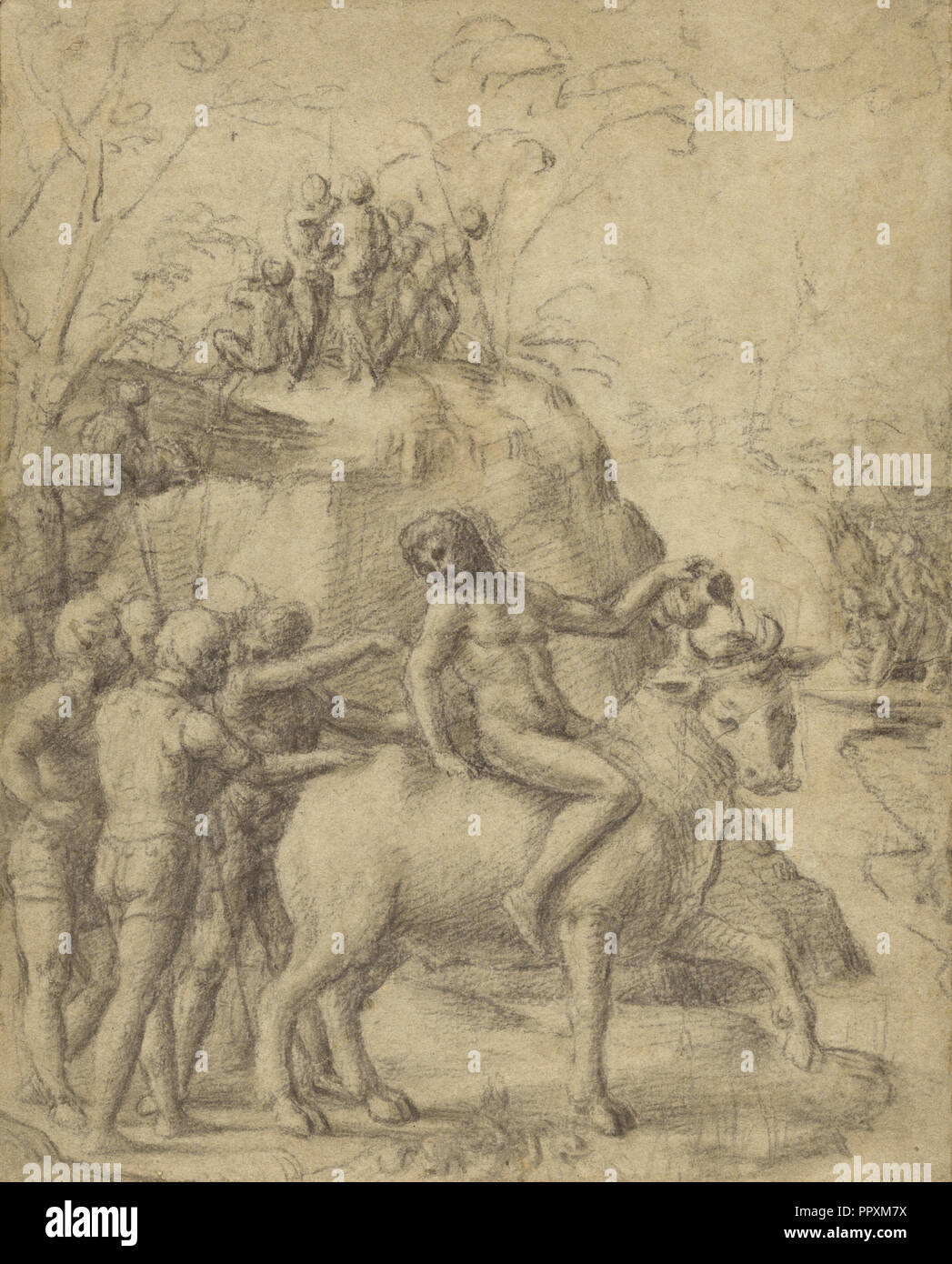 Un uomo a cavallo di un toro e altre figure; Correggio, Antonio Allegri, italiano, circa 1489 - 1534, circa 1517 - 1519; gesso nero Foto Stock