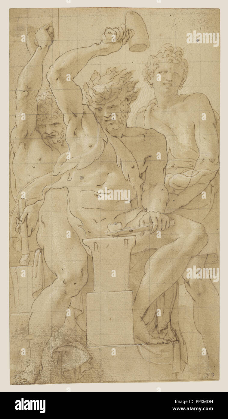 Vulcan al suo Forge; Francesco Primaticcio, Italiano, 1504 - 1570, circa 1550; Penna e inchiostro marrone e marrone a lavare con il bianco Foto Stock