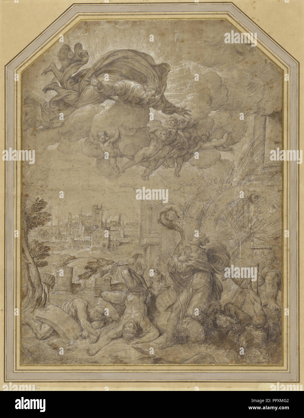 Santa Caterina di Alessandria al volante; Nicolò dell'Abate, Italiano, 1509,1512 - 1571, 1547 - 1550; gesso nero, spazzola Foto Stock