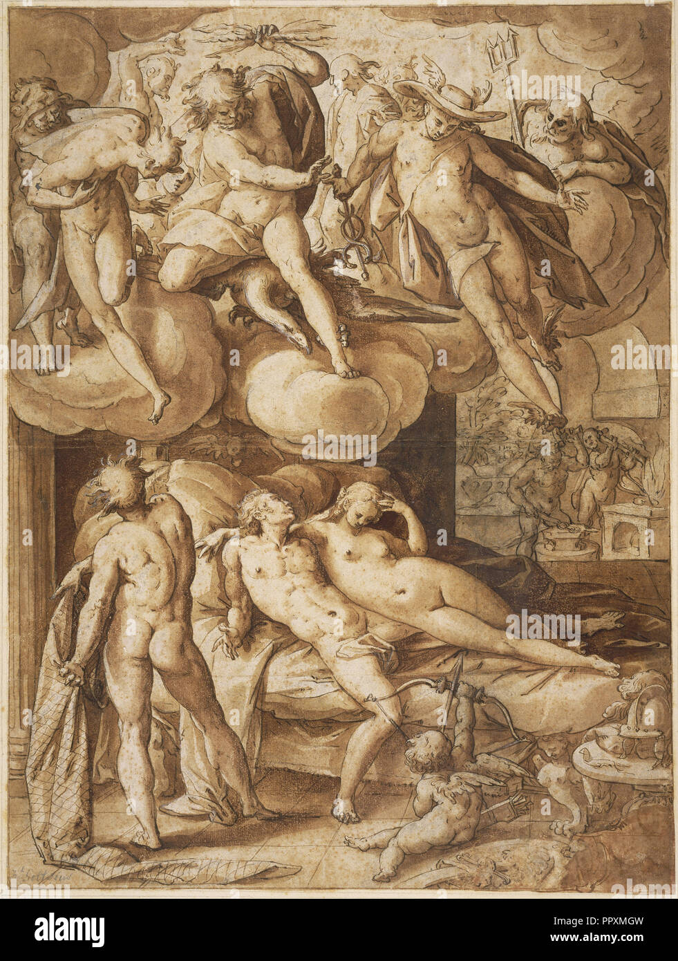 Venere e Marte sorpresi dalla Vulcan; Hendrick Goltzius, Olandese, 1558 - 1617, 1585; Penna e inchiostro marrone, marrone lavaggio, gouache bianco Foto Stock