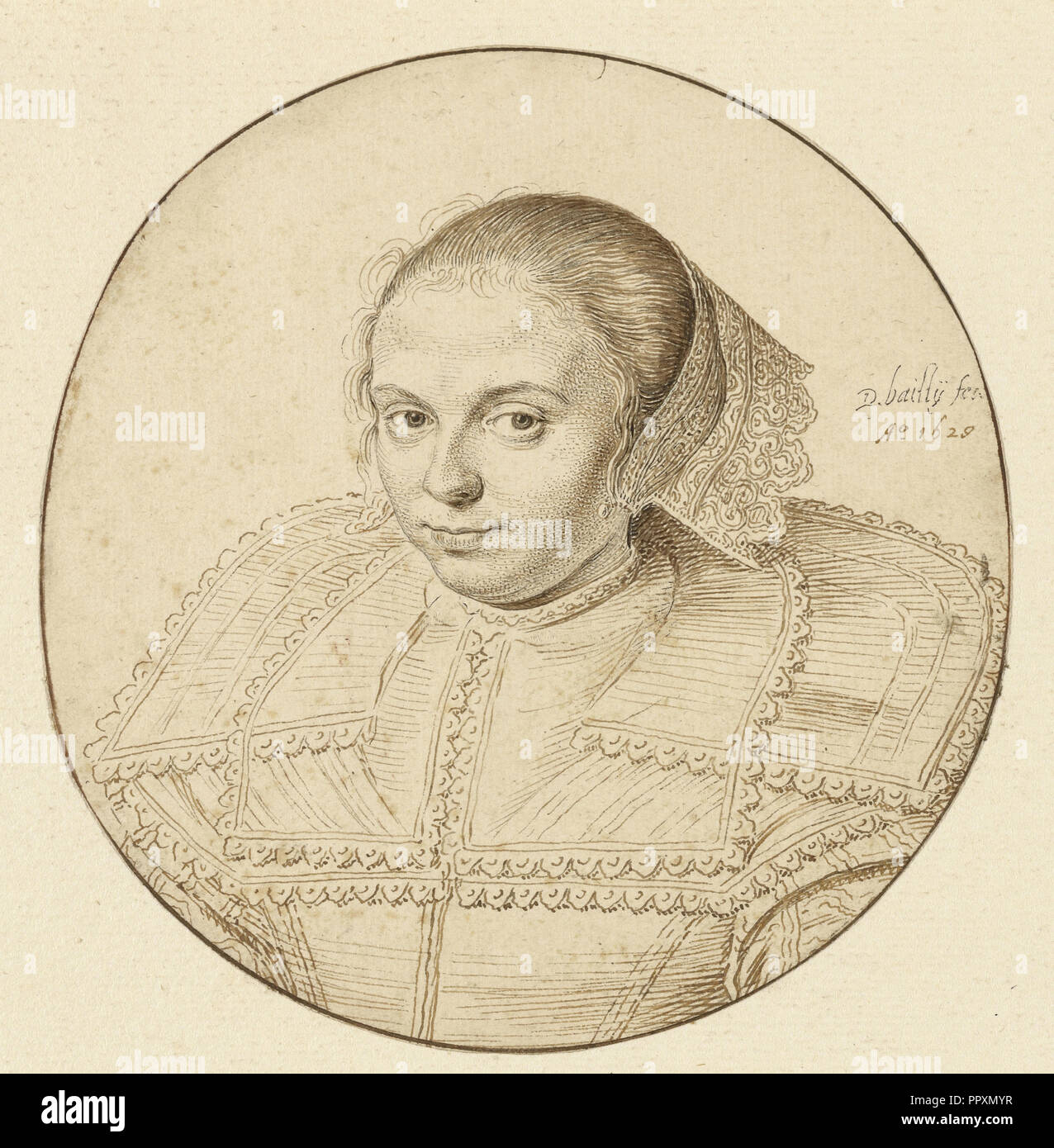 Ritratto di una donna; David Bailly, Olandese, 1584 - 1657, Paesi Bassi; 1629; Penna e marrone chiaro e scuro inchiostro; framing in linea Foto Stock