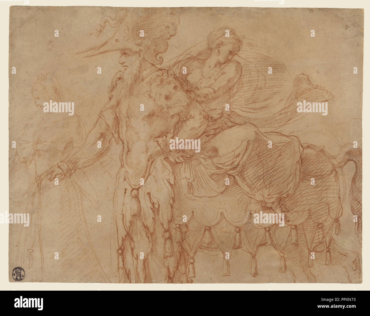 Centaur e Lapith; Francesco Primaticcio, Italiano, 1504 - 1570, Italia; circa 1540; gesso rosso; 21,7 x 27,8 cm Foto Stock