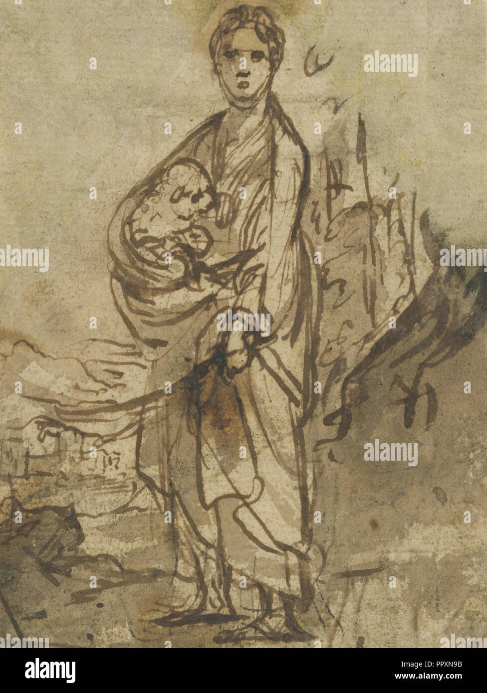 Sant Agnese, recto, figura studi, verso, Elsheimer Adam, Tedesco, 1578 - 1610, Germania; circa 1605; Penna e inchiostro bruno Foto Stock